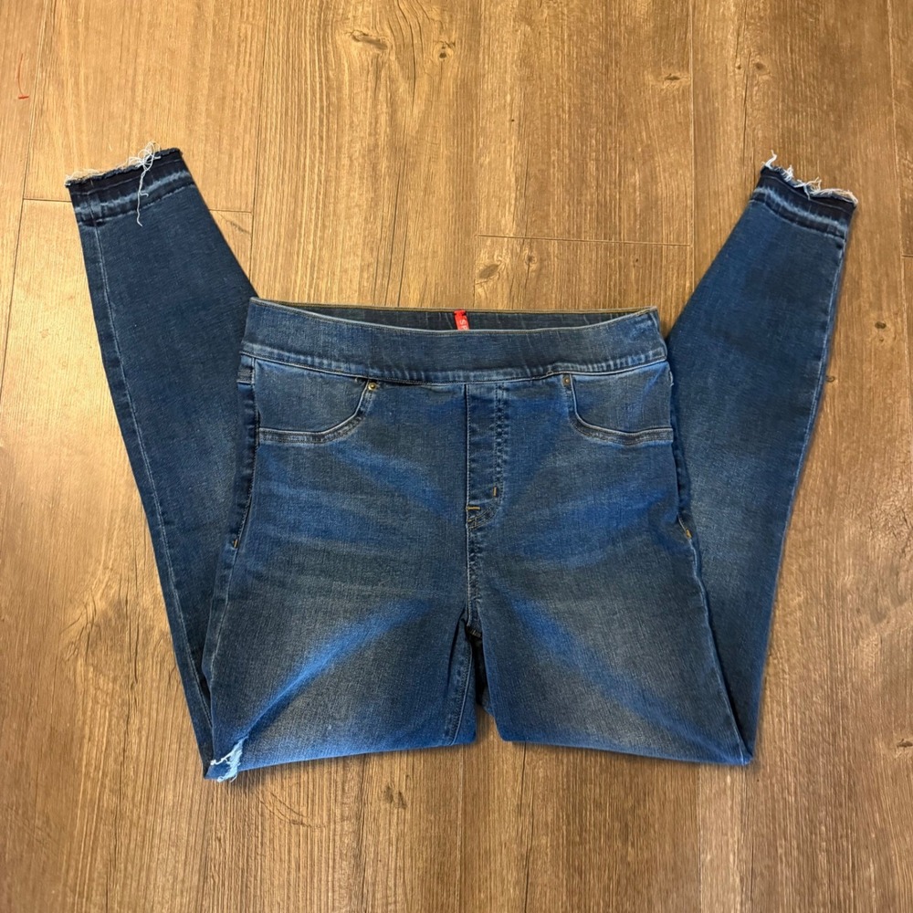 Spanx Distressed Ankle Denim Leggings Women Large Blue High Rise‎ Raw Hem Slim